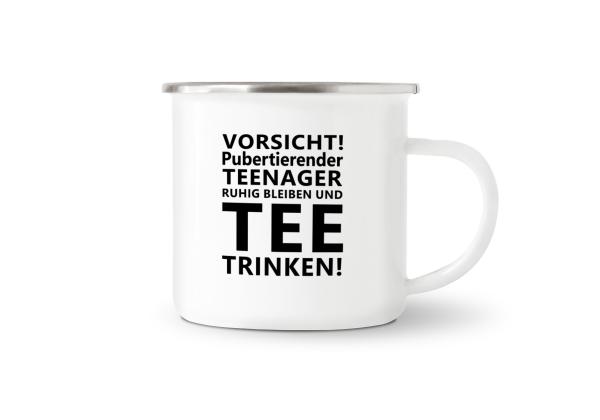 Tasse Tee - Vorsicht! Pubertierender Teenager - Emaillebecher weiß - 2 Größen