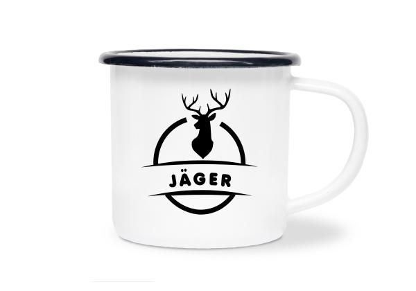 Tasse Jagd - Hirsch mit Jäger - Emaillebecher weiß - 2 Größen