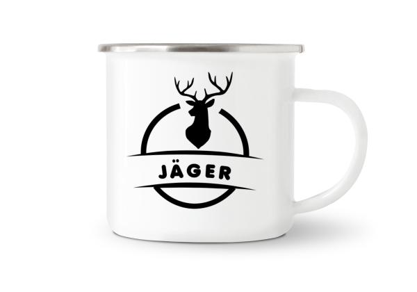 Tasse Jagd - Hirsch mit Jäger - Emaillebecher weiß - 2 Größen