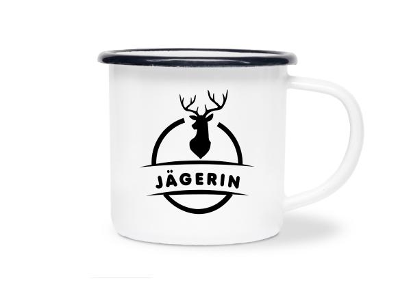 Tasse Jagd - Hirsch mit Jägerin - Emaillebecher weiß - 2 Größen