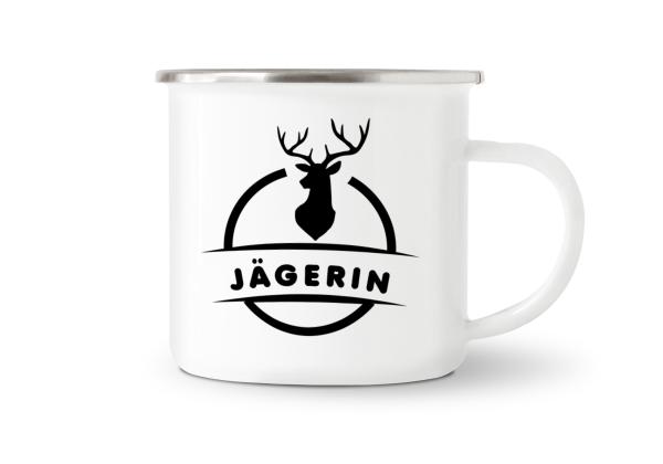 Tasse Jagd - Hirsch mit Jägerin - Emaillebecher weiß - 2 Größen