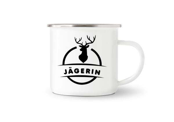 Tasse Jagd - Hirsch mit Jäger - Emaillebecher weiß - 2 Größen