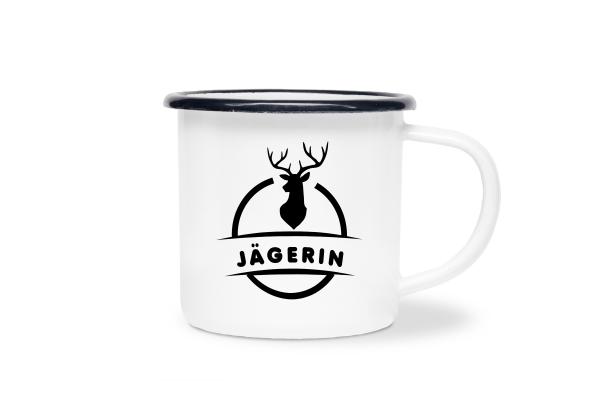 Tasse Jagd - Hirsch mit Jäger - Emaillebecher weiß - 2 Größen