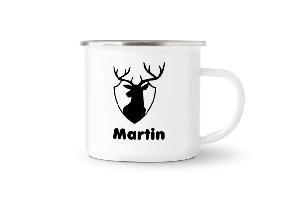 Tasse Jagd - Hirsch Logo - Wunschname - Emaillebecher weiß - 2 Größen