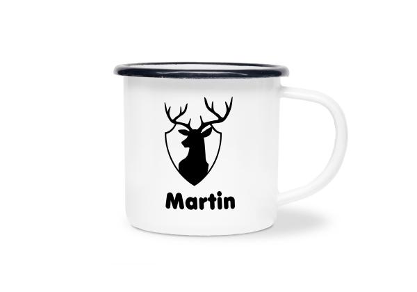 Tasse Jagd - Hirsch Logo - Wunschname - Emaillebecher weiß - 2 Größen