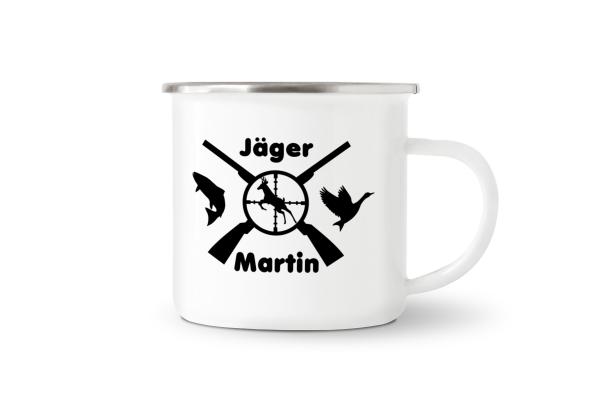 Tasse Jagd - Jagdemblem - Wunschname - Emaillebecher weiß - 2 Größen