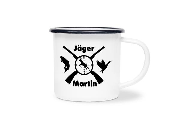 Tasse Jagd - Jagdemblem - Wunschname - Emaillebecher weiß - 2 Größen