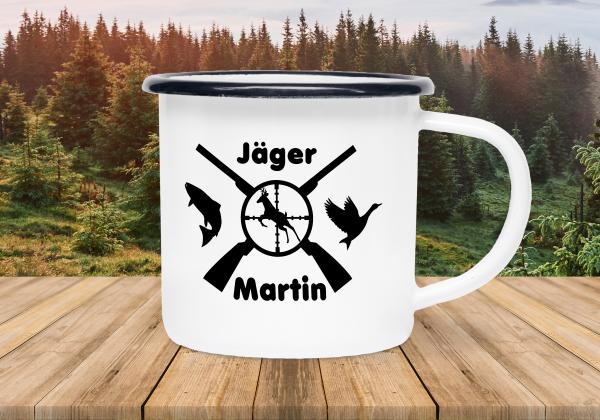 Tasse Jagd - Jagdemblem - Wunschname - Emaillebecher weiß - 2 Größen