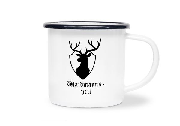 Tasse Hirsch, Waidmannsheil unter Motiv - Emaillebecher weiß - 2 Größen