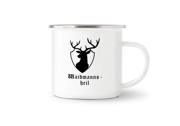 Tasse Hirsch, Waidmannsheil unter Motiv - Emaillebecher weiß - 2 Größen