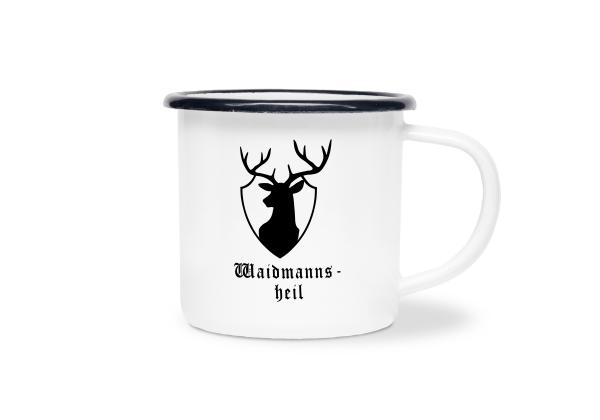 Tasse Hirsch, Waidmannsheil unter Motiv - Emaillebecher weiß - 2 Größen