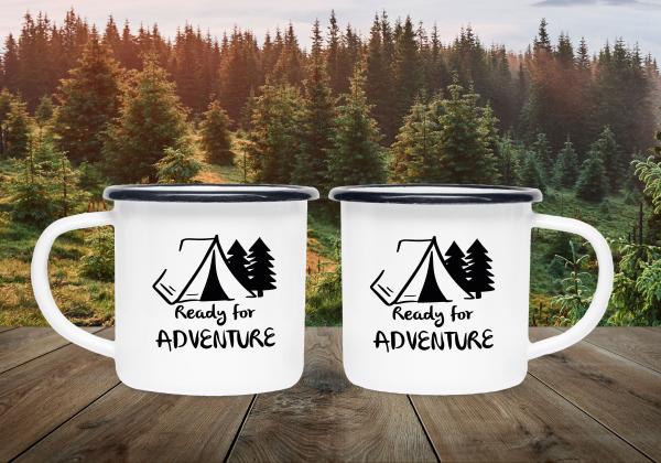 Camping Tasse - ready for adventure - Emaillebecher weiß - 2 Größen