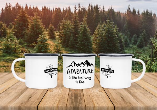 Camping Tasse - adventure is the best way of live - Emaillebecher weiß - 2 Größen