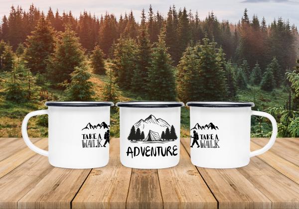 Camping Tasse - adventure take a walk - Emaillebecher weiß - 2 Größen