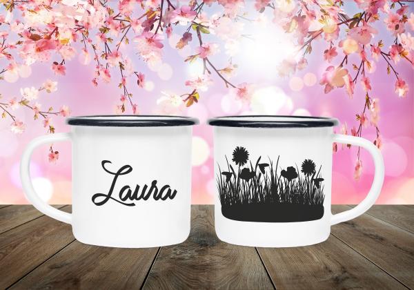 Emailletasse Frühling - Blumenwiese + Wunschname