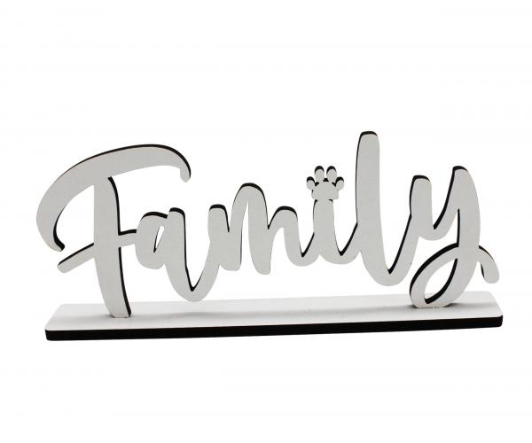 Schriftzug Family mit Pfote aus Holz in weiß