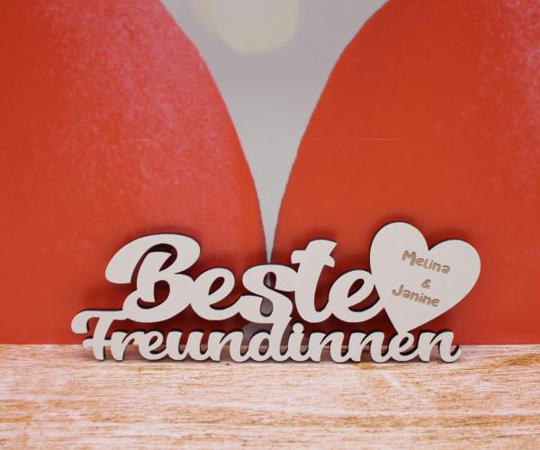 Schriftzug Beste Freundinnen mit Wunschnamen aus Holz in weiß