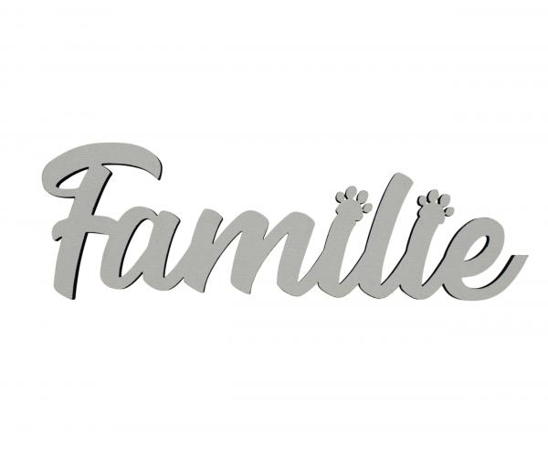 Schriftzug Familie mit Pfoten aus Holz in weiß