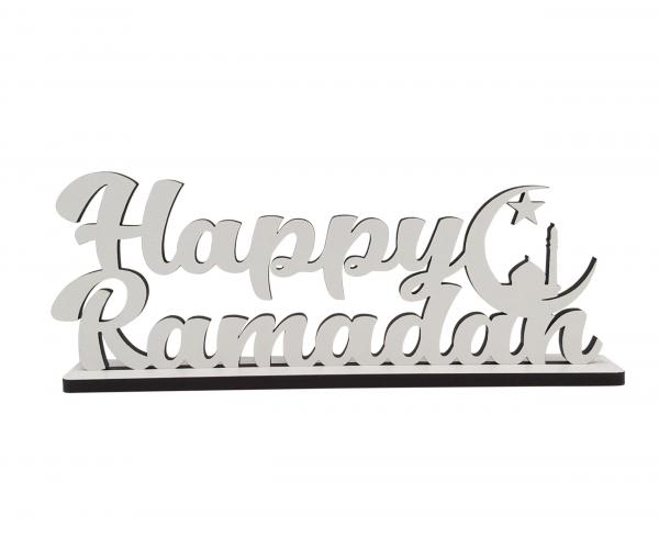 Schriftzug Happy Ramadan aus Holz in weiß