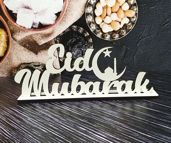 Schriftzug Eid Mubarak aus Holz in weiß