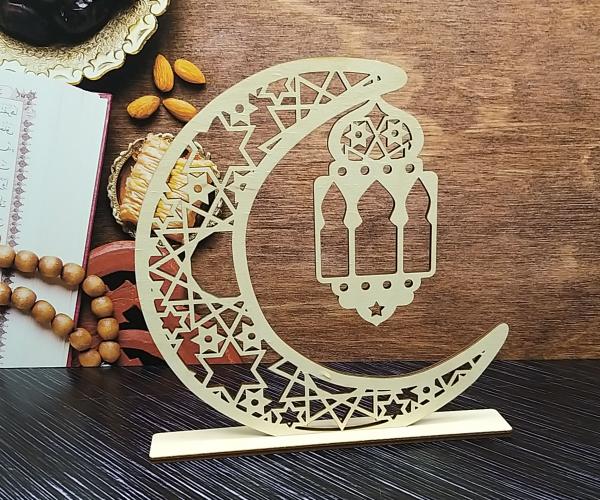 Aufsteller Mond mit Laterne zum Ramadanfest - aus Holz