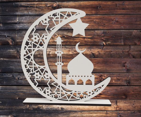 Aufsteller Mond mit Moschee und Stern zum Ramadanfest - aus Holz in weiß